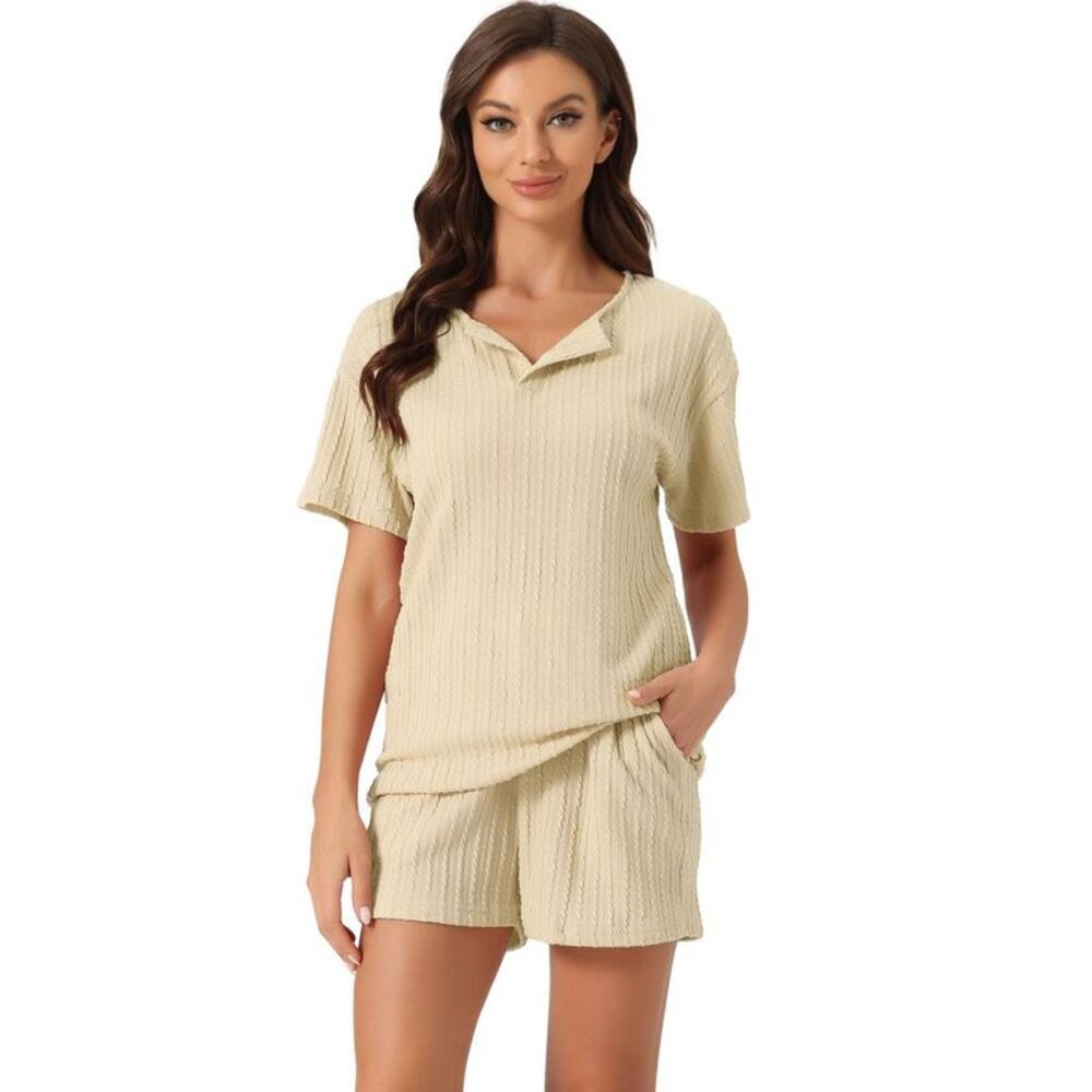 Cheibear Women's Short Sleeve Lounge Top & Shorts Pajama Set - Khaki S